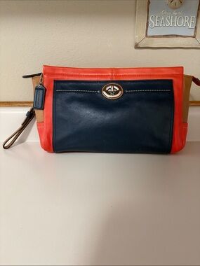 Coach Colorblock Leather Wristlet in Navy, Coral & Tan